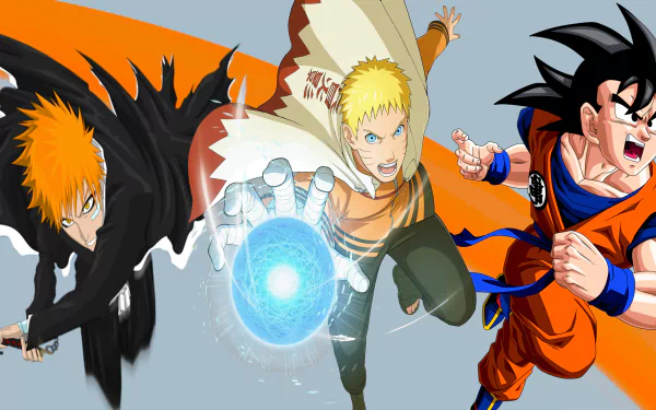 An 8K Ultra HD anime crossover wallpaper featuring Ichigo Kurosaki from Bleach, Naruto Uzumaki from Boruto/Naruto, and Goku from Dragon Ball in dynamic action poses.
