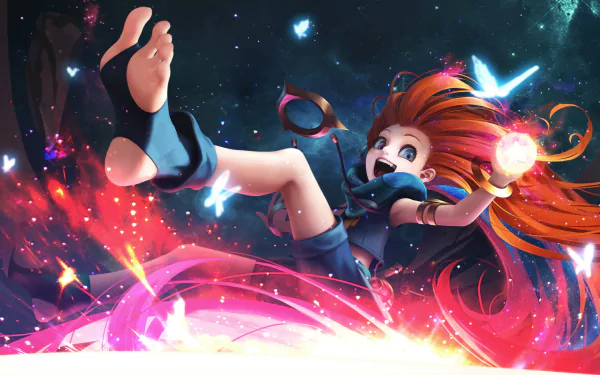 HD desktop wallpaper featuring Zoe from League of Legends, surrounded by colorful and vibrant effects, with an energetic and whimsical pose.