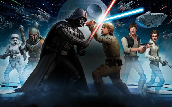 Video Game Star Wars: Galaxy of Heroes Star Wars Darth Vader Luke Skywalker Boba Fett Han Solo Princess Leia Stormtrooper Millennium Falcon Death Star HD Wallpaper | Background Image