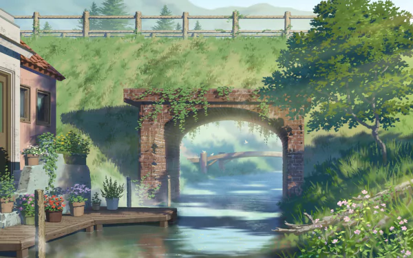 HD anime wallpaper featuring a serene waterside scene with lush greenery, a rustic brick bridge, and a cozy riverside house adorned with potted plants.
