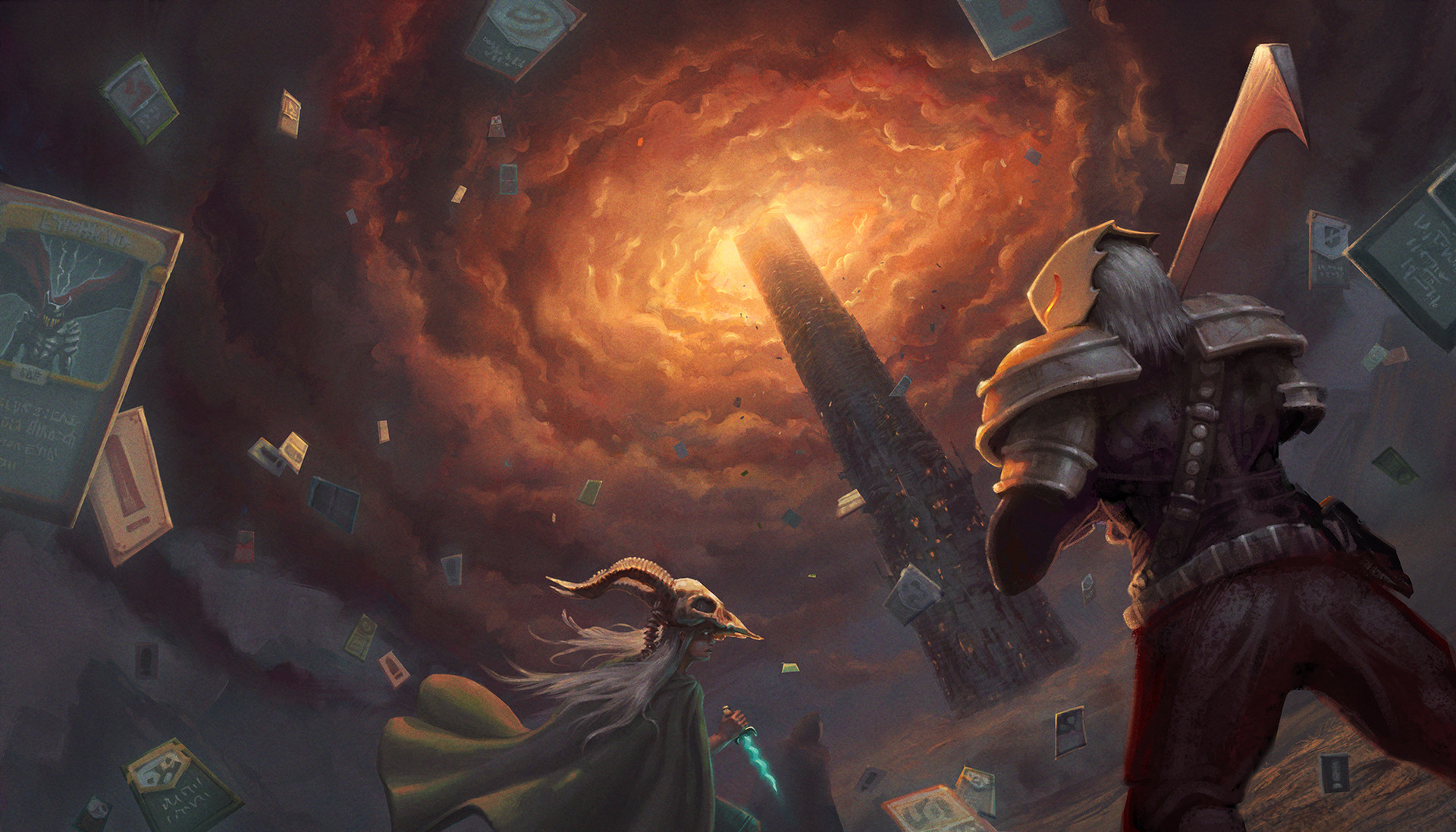 HD desktop wallpaper from Slay the Spire featuring a knight facing off against a robed figure under a swirling vortex with cards flying around.