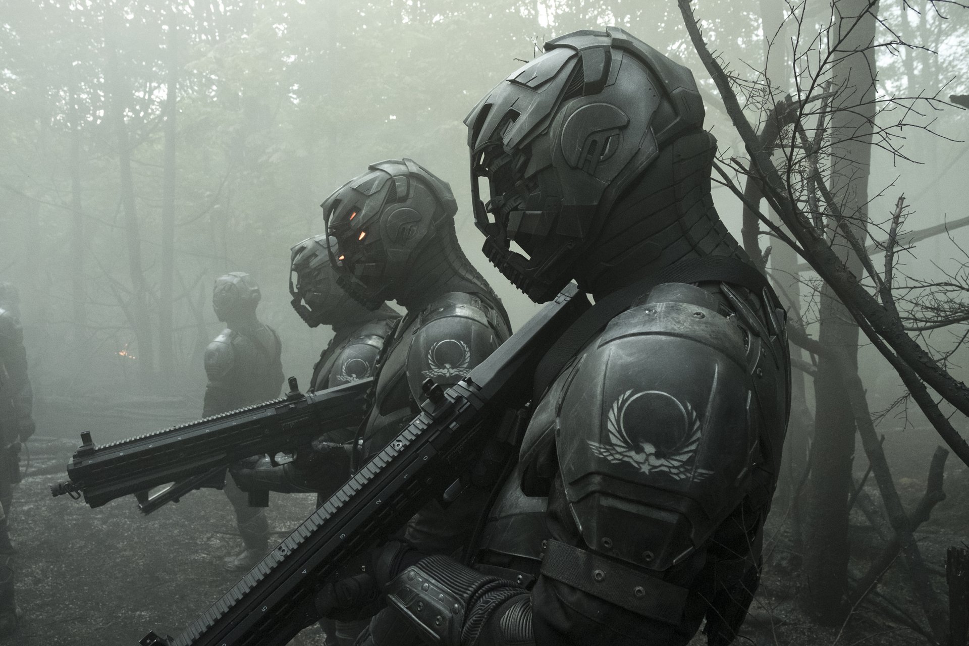 HD desktop wallpaper from Altered Carbon showing soldiers in futuristic armor in a misty forest.