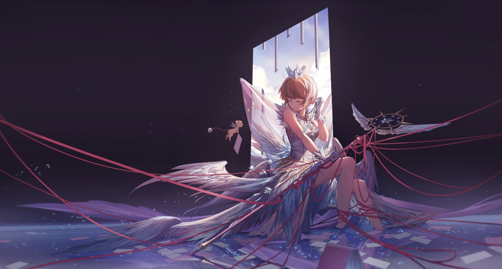HD anime desktop wallpaper featuring Sakura Kinomoto from Cardcaptor Sakura, depicted with ethereal wings and intricate ribbons in a moody, mystical setting.