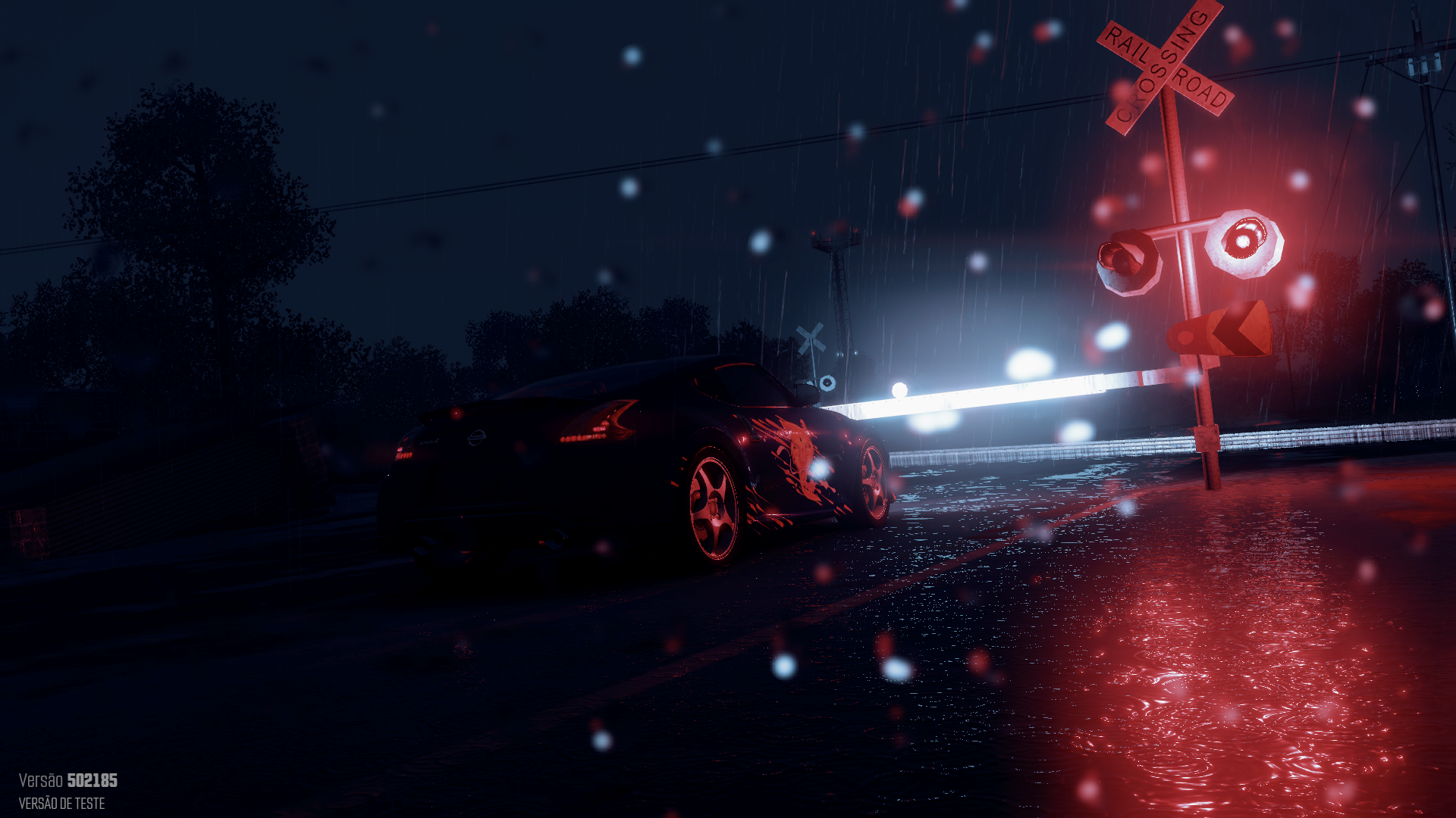 HD PC desktop wallpaper: Nissan 370Z on a rain-slicked road at night, neon reflections by a glowing railroad crossing — screenshot-style art from The Crew video game.