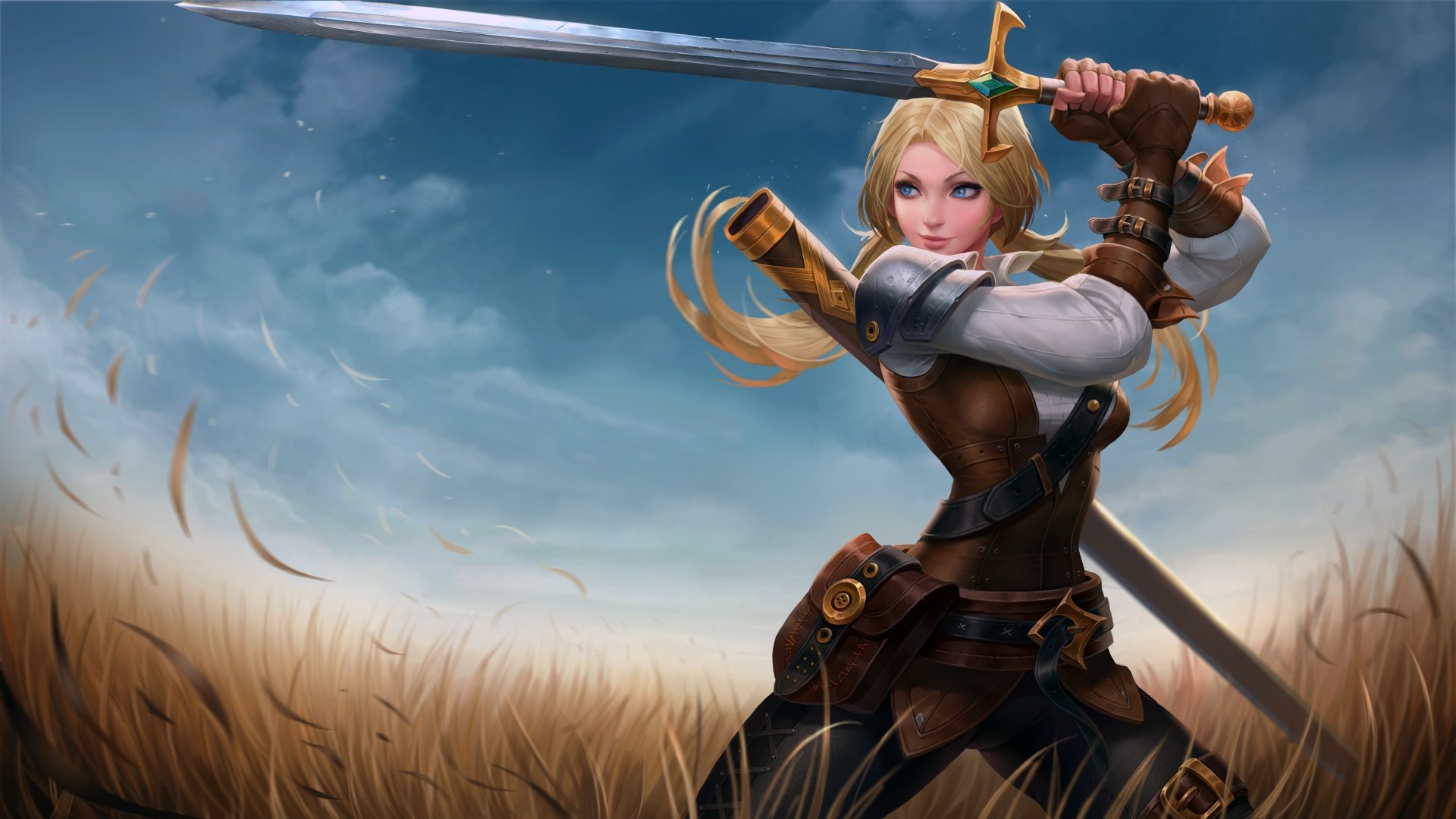 HD wallpaper featuring a blonde woman warrior with blue eyes, wielding a sword against a dramatic sky backdrop, set in a field of tall grass. Fantasy theme with detailed artwork.