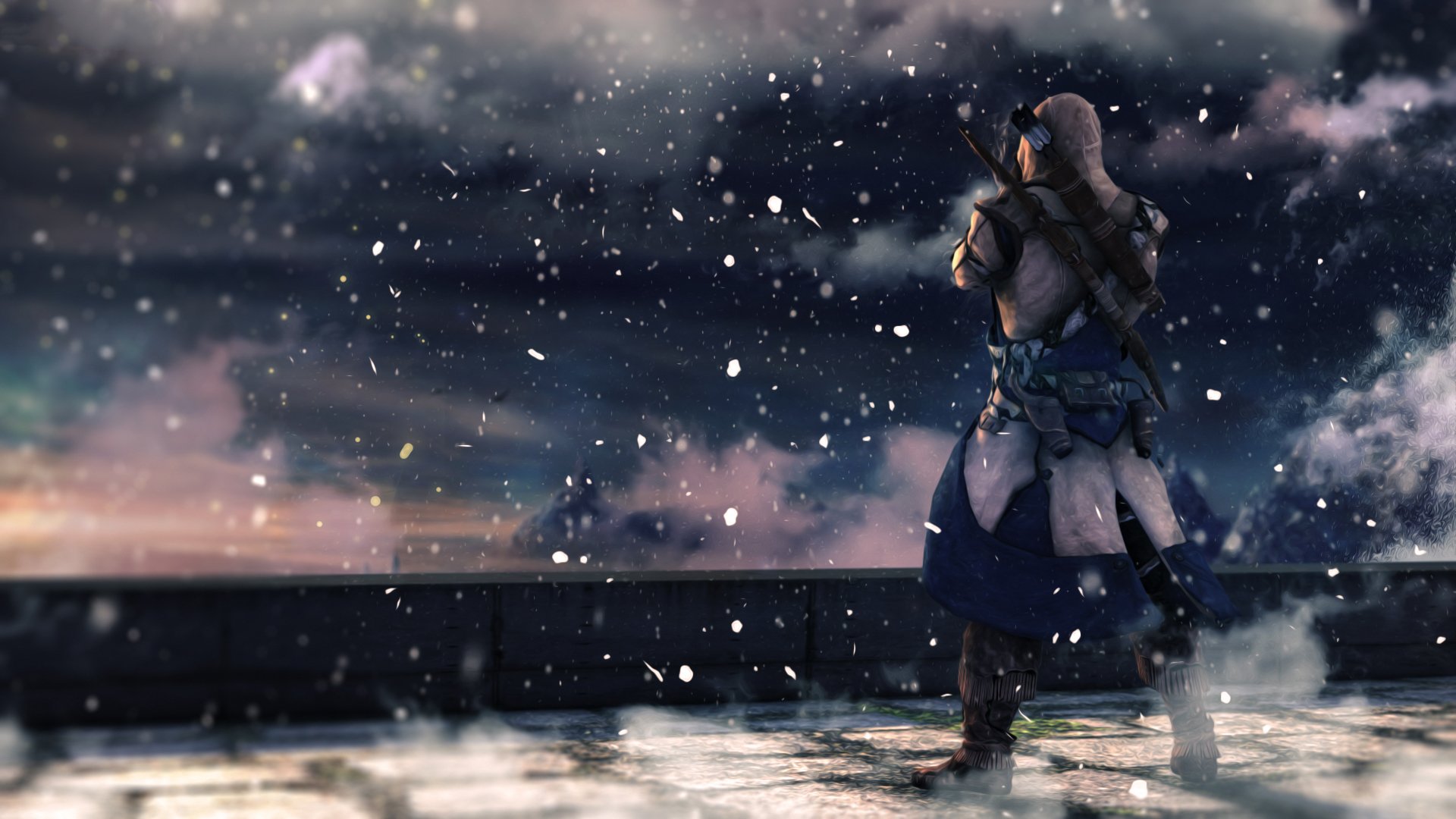 HD PC desktop wallpaper featuring a snowy scene from the video game Assassin's Creed III, with the protagonist standing against a dramatic cloudy sky.