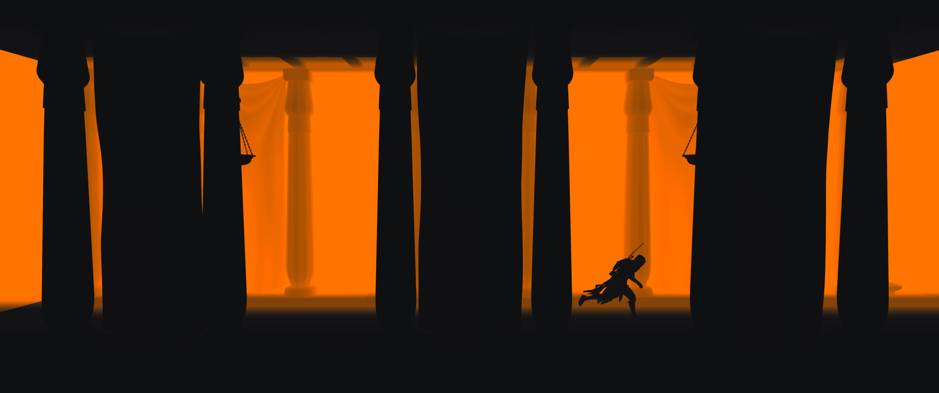 Silhouetted scene from Assassin's Creed Origins with a character running through ancient columns, rendered in striking orange and black tones, 4K Ultra HD PC wallpaper.