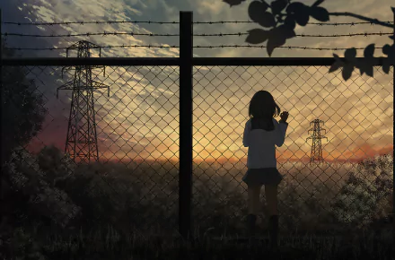 HD anime desktop wallpaper featuring an original scene of a silhouetted girl standing by a chain-link fence at sunset with power lines in the background.