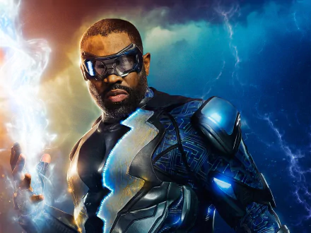 HD wallpaper of the superhero Black Lightning with dynamic lightning effects in the background.