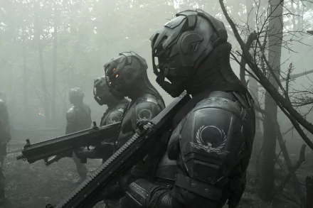 HD desktop wallpaper from Altered Carbon showing soldiers in futuristic armor in a misty forest.