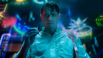 HD PC desktop wallpaper of a character from the TV show Altered Carbon, featuring a futuristic, neon-lit background.