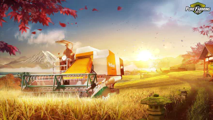 HD PC desktop wallpaper from the video game Pure Farming 2018, featuring a harvester in a golden wheat field at sunrise with autumn foliage and distant mountains.