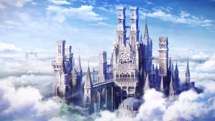 A 4K Ultra HD PC desktop wallpaper featuring a majestic floating castle from the video game Fire Emblem Heroes, surrounded by clouds and blue sky.