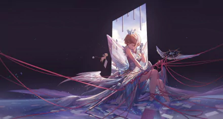 HD anime desktop wallpaper featuring Sakura Kinomoto from Cardcaptor Sakura, depicted with ethereal wings and intricate ribbons in a moody, mystical setting.