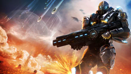 HD PC desktop wallpaper featuring a cyborg warrior from the Sci-Fi video game Section 8, armed and amidst an intense futuristic battle scene.
