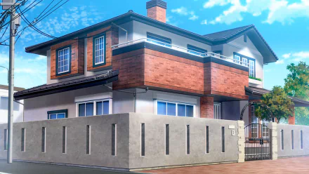An anime-style HD desktop wallpaper showing a brick house with modern architecture. The house is surrounded by a concrete wall with a gated entrance. The sky is blue with scattered clouds.