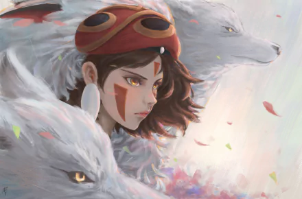Anime-inspired artwork featuring Princess Mononoke with brown hair, orange eyes, and a mask, accompanied by two white wolves. The image serves as an HD desktop wallpaper and background.