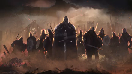 HD wallpaper of the video game Total War Saga: Thrones of Britannia. The image depicts a medieval battle scene with armed warriors standing in formation, enveloped in a smoky, atmospheric background.