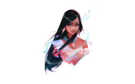 Artistic HD desktop wallpaper featuring a Native American woman with long black hair and a confident expression on a white background.