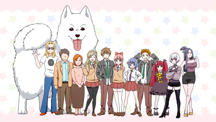 HD desktop wallpaper featuring Shizuku Tsukino, Yuhi Korona, Sosogu Hoshifuri, Daichi Taira, and a cute dog with characters from Pop Team Epic on a pastel star background.