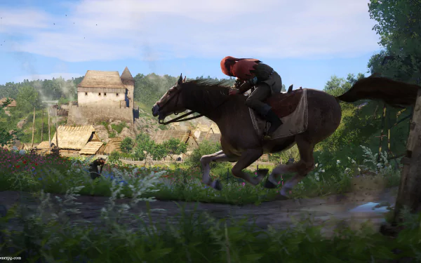HD PC desktop wallpaper featuring a scene from the video game Kingdom Come: Deliverance, showing a rider galloping on horseback through a lush medieval landscape.