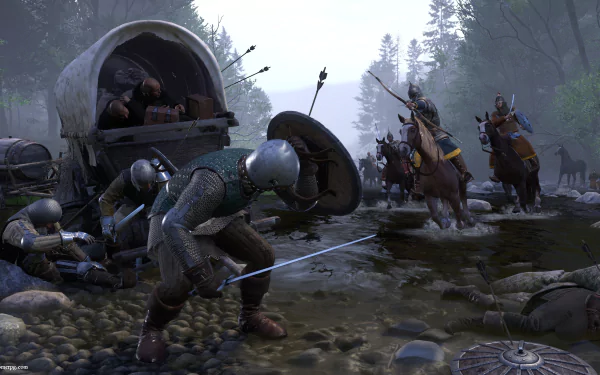 4K Ultra HD desktop wallpaper from the video game Kingdom Come: Deliverance, depicting armored knights in combat near a forested riverbank.