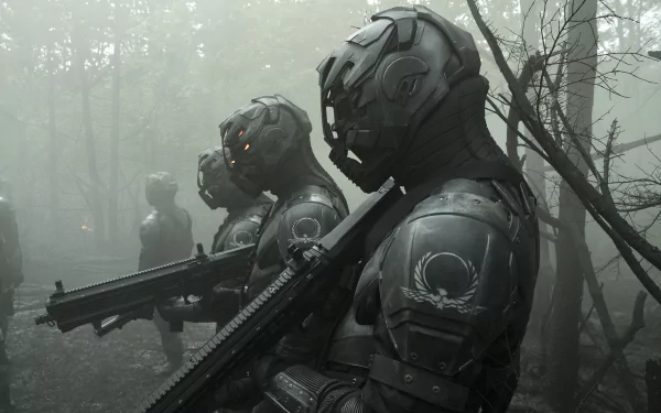 HD desktop wallpaper from Altered Carbon showing soldiers in futuristic armor in a misty forest.