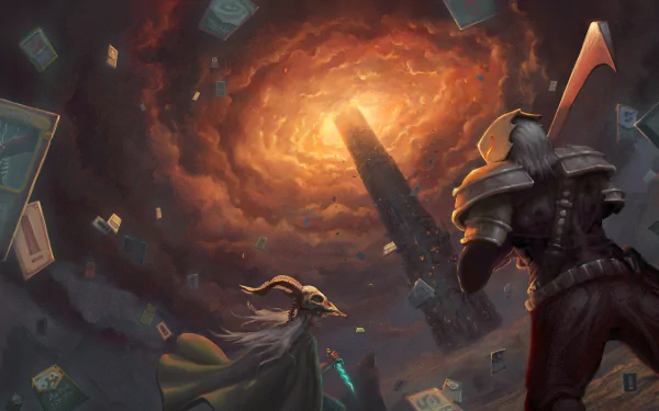 HD desktop wallpaper from Slay the Spire featuring a knight facing off against a robed figure under a swirling vortex with cards flying around.