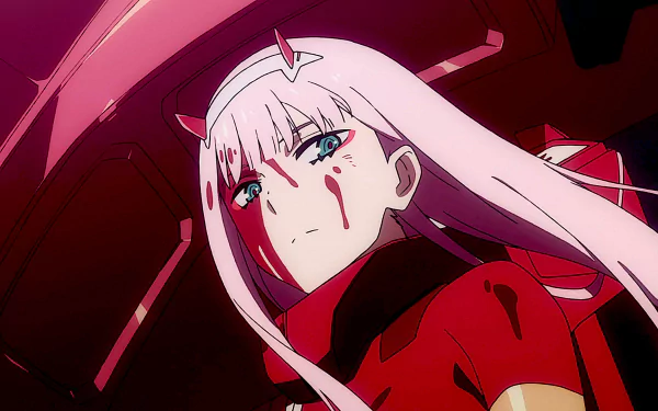 HD desktop wallpaper featuring Zero Two from Darling in the FranXX anime, showcasing her pink hair, red outfit, and horns, with intense lighting and dramatic expression.