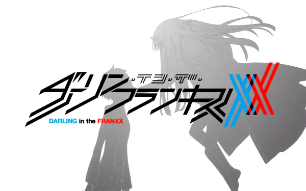 HD desktop wallpaper featuring Hiro and Zero Two from Darling in the FranXX with the anime's title in bold Japanese and English text overlaying the image.