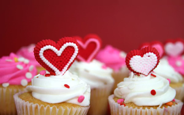 Close-up of cupcakes with white cream and red heart-shaped toppers, featuring vibrant pink and white decorations, styled as a 4K Ultra HD PC desktop wallpaper.