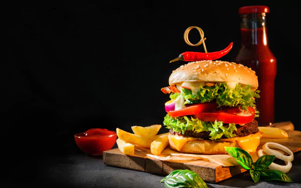 A 4K Ultra HD still life image of a juicy burger with lettuce, tomato, and sesame bun, accompanied by golden French fries and a bottle of ketchup on a dark background.