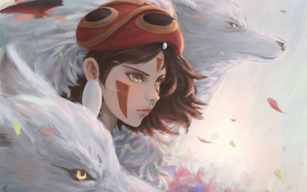 Anime-inspired artwork featuring Princess Mononoke with brown hair, orange eyes, and a mask, accompanied by two white wolves. The image serves as an HD desktop wallpaper and background.