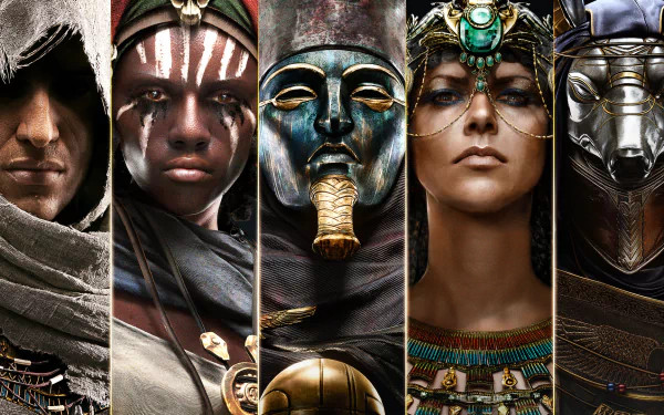 HD desktop wallpaper and background featuring Bayek of Siwa and various characters from the video game Assassin's Creed Origins. The image shows five character portraits with Egyptian-themed attire.