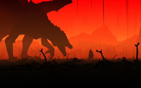 Silhouetted Darkeater Midir dragon against a red-orange sky in a Dark Souls III-inspired dark gaming scene, rendered in 4K Ultra HD for PC desktop wallpaper.