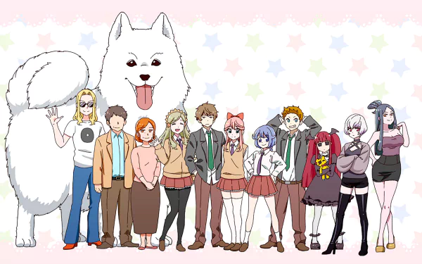 HD desktop wallpaper featuring Shizuku Tsukino, Yuhi Korona, Sosogu Hoshifuri, Daichi Taira, and a cute dog with characters from Pop Team Epic on a pastel star background.