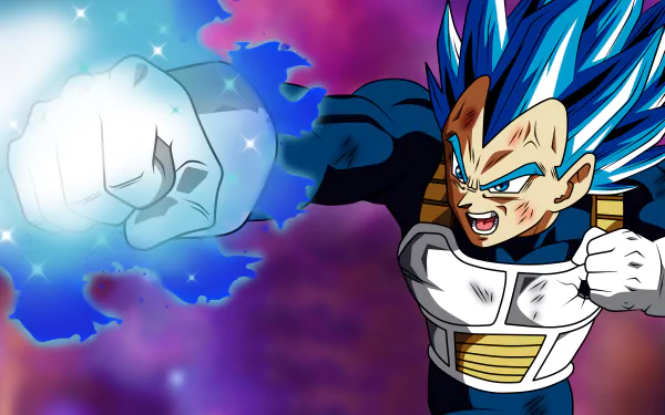 Vivid HD desktop wallpaper featuring a dynamic scene from Dragon Ball Super, showcasing a fierce character with blue hair powering up for an energetic punch against a colorful, cosmic background.