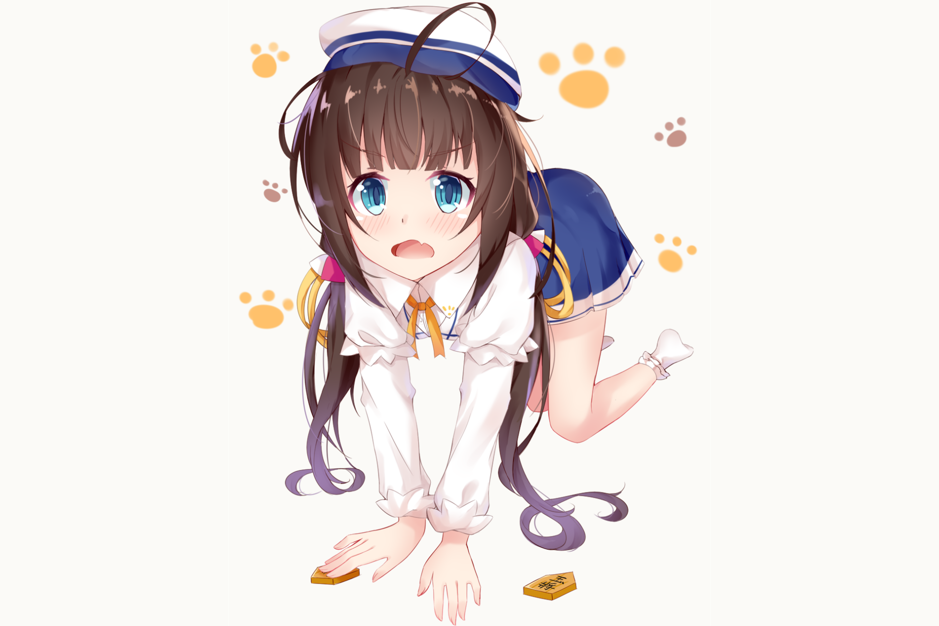 HD anime desktop wallpaper featuring Ai Hinatsuru from Ryuuou no Oshigoto!, depicted in a playful pose with paw prints and a collar nearby on a white background.