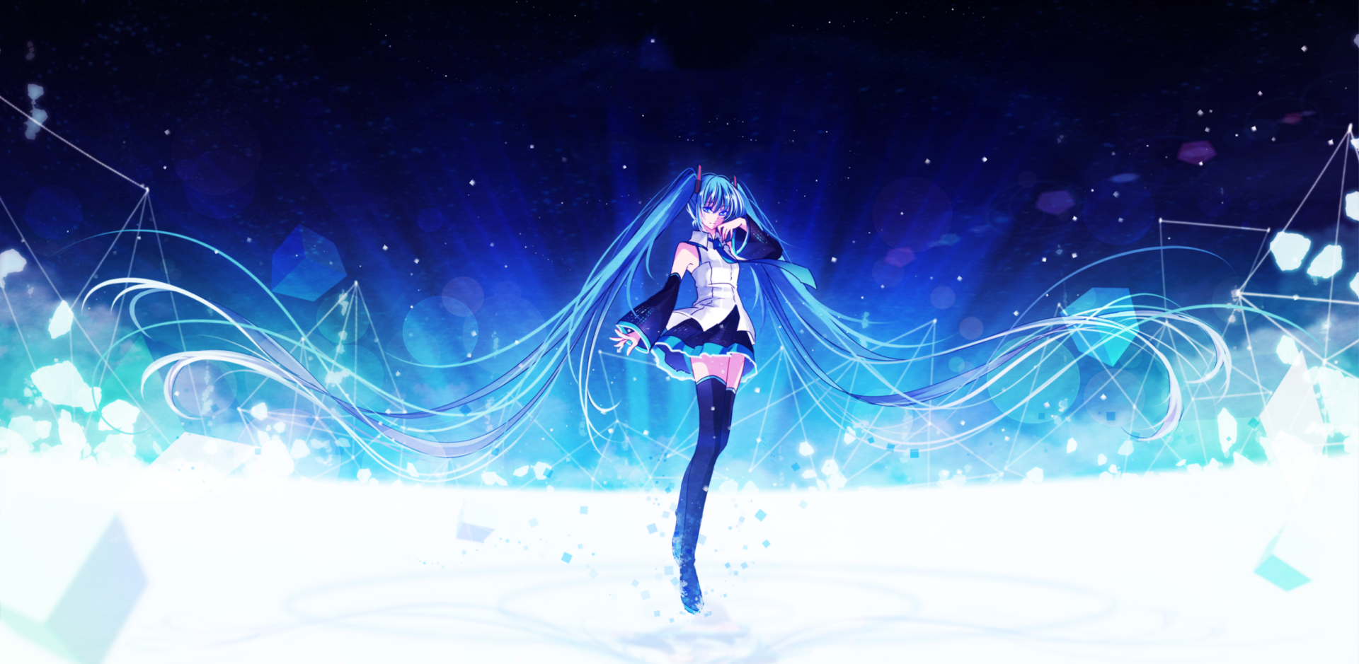 HD PC desktop wallpaper of Hatsune Miku (Vocaloid) in anime style: teal-haired singer with long twin tails performing amid glowing blue cosmic waves and musical light trails.