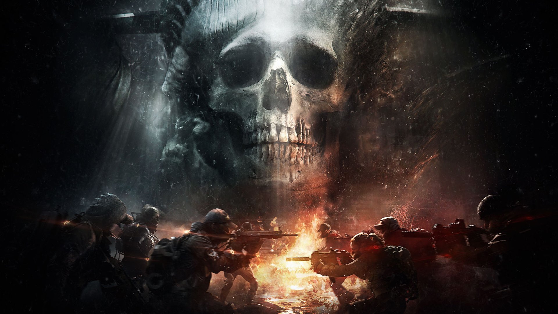 HD desktop wallpaper from Tom Clancy's The Division featuring armed soldiers in combat beneath a large, ominous skull in a dark, smoky atmosphere.