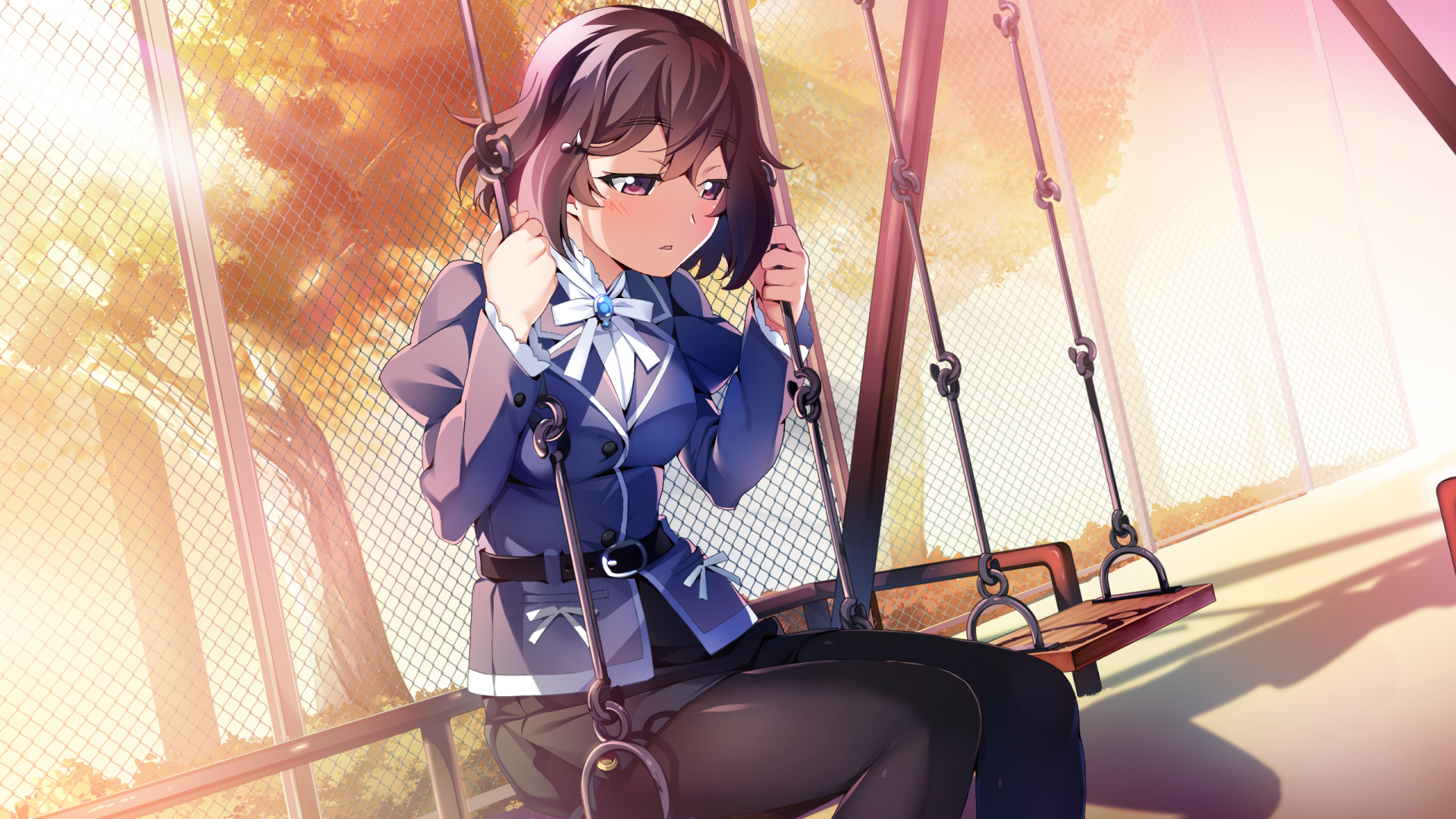 Anime-style HD PC desktop wallpaper featuring a character from Grisaia: Phantom Trigger sitting on a swing during a warm, glowing sunset.