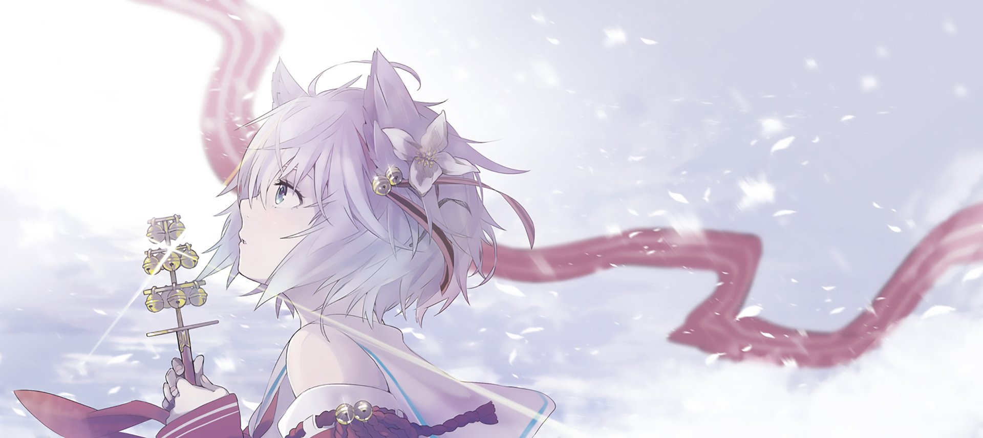 HD anime-style original desktop wallpaper featuring a white-haired character with fox ears and delicate accessories against a soft, snowy background.