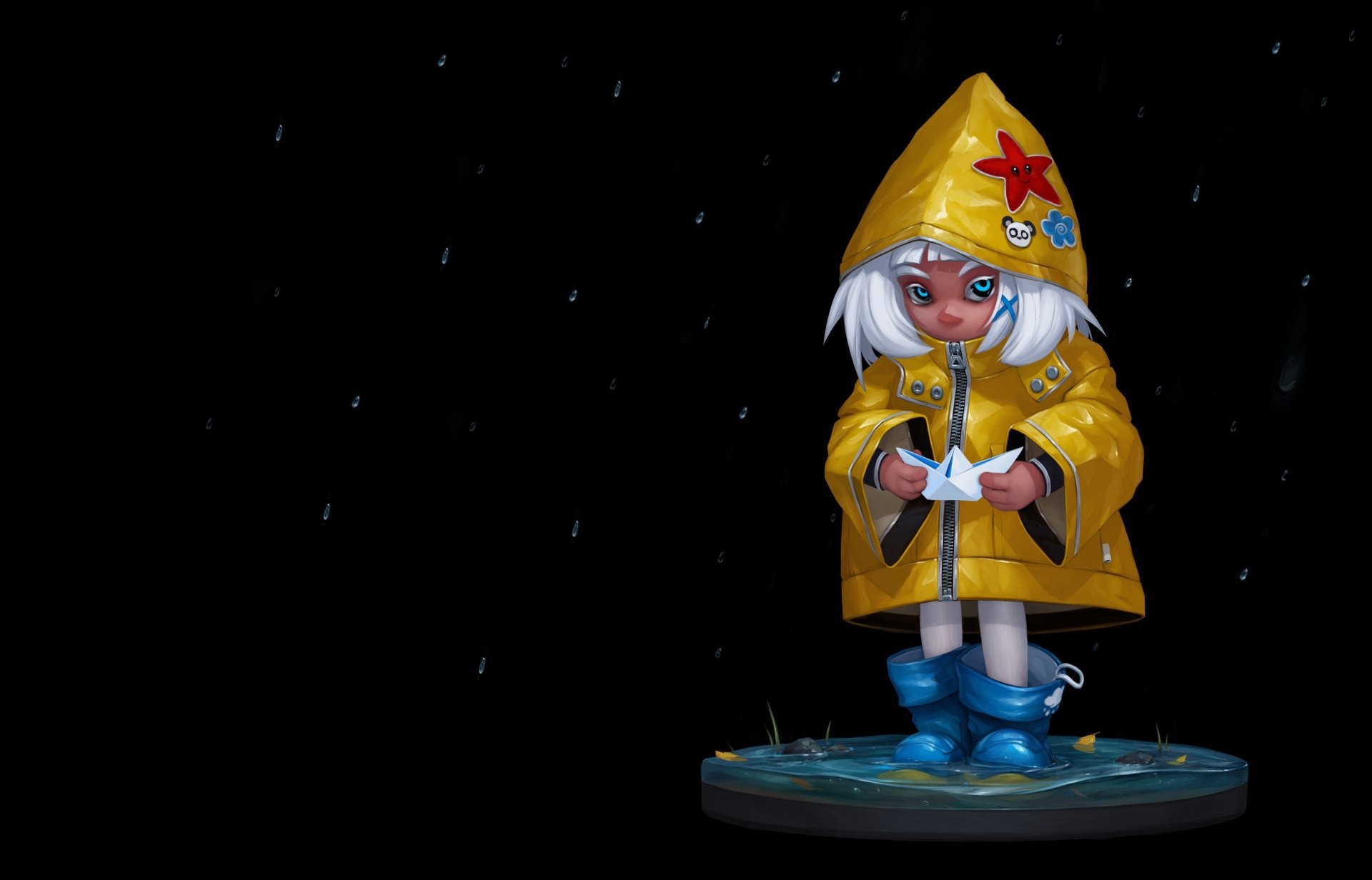 Artistic HD desktop wallpaper of a little girl with white hair and blue eyes in a yellow raincoat, holding a paper boat, standing in a puddle under falling rain.