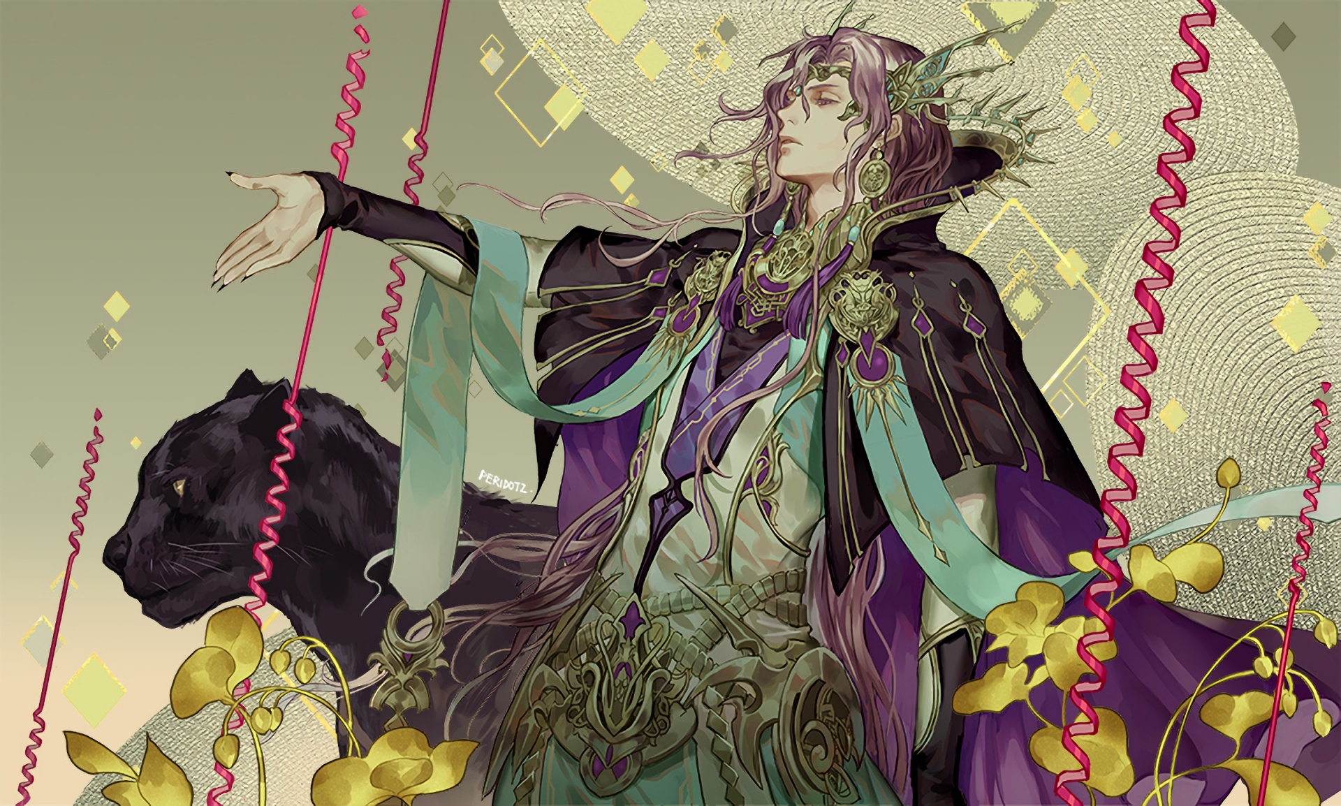 Anime-style original character with long purple hair and eyes, dressed in intricate Japanese clothes, standing with a black panther against a decorative background.