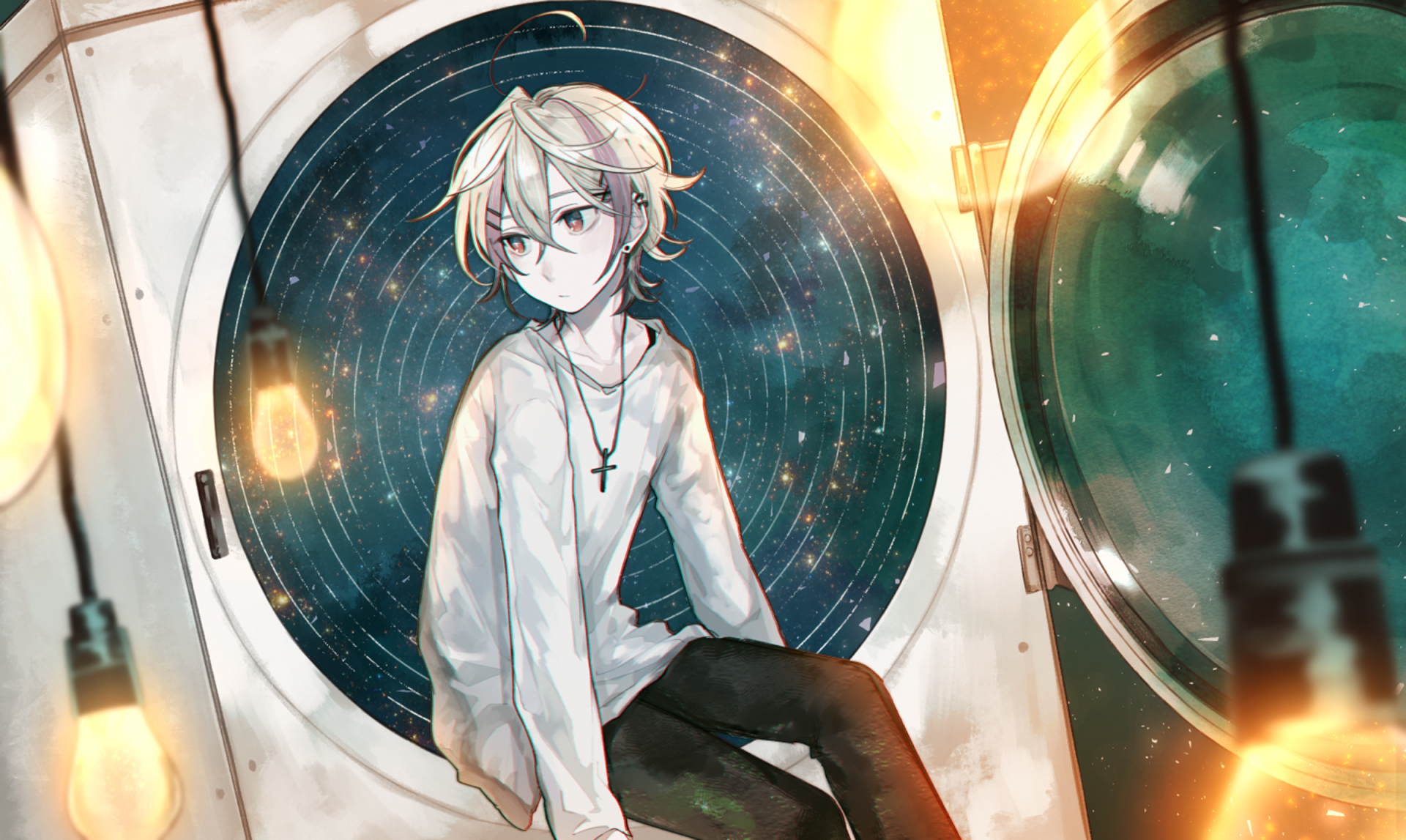 HD PC desktop anime original wallpaper: short-haired character wearing a necklace sits by a circular spaceship window, gazing into star-filled space with warm, detailed lighting.