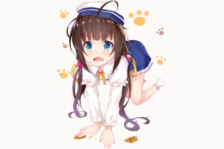 HD anime desktop wallpaper featuring Ai Hinatsuru from Ryuuou no Oshigoto!, depicted in a playful pose with paw prints and a collar nearby on a white background.