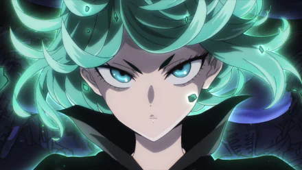 Tatsumaki from One-Punch Man stares fiercely, her vibrant green hair and piercing blue eyes embodying her powerful presence. This HD wallpaper captures the essence of the anime character.