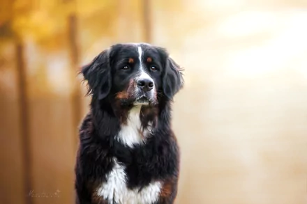 HD desktop wallpaper featuring a Bernese Mountain Dog with glossy black, white, and brown fur against a warm, softly blurred background.