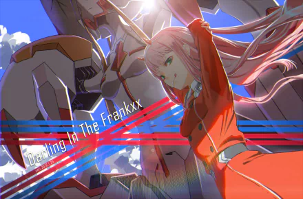 Anime character Zero Two from Darling in the FranXX, with pink hair and green eyes, smiles in a robot cockpit under sunbeams. The HD wallpaper features bright colors and a dynamic scene.
