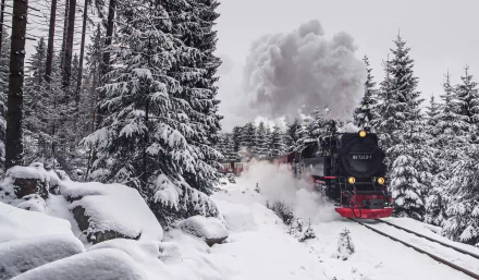 HD desktop wallpaper featuring a steam train moving through a snow-covered winter forest, with billowing smoke contrasting against the white landscape.